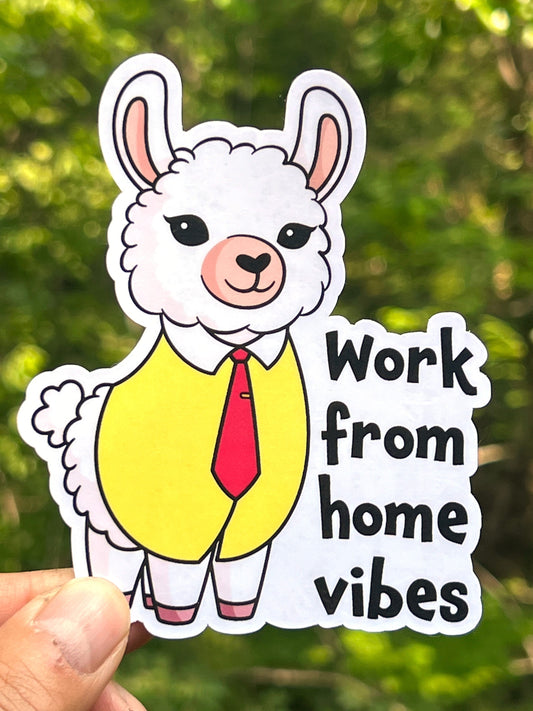 A cute sticker of a llama wearing a yellow shirt with a red tie with text that reads "Work from home vibes"
