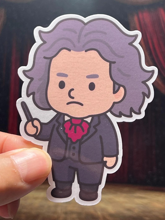 Cartoon sticker of Ludwig van Beethoven carrying a baton.
