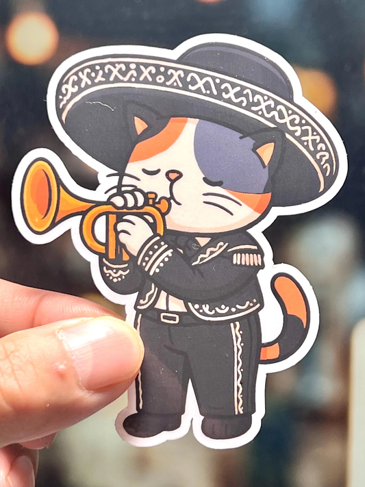 Cartoon cat in mariachi outfit holding a trumpet vinyl sticker