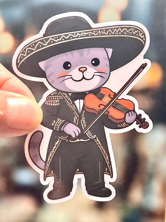 Sticker of a cat in mariachi attire playing a violin