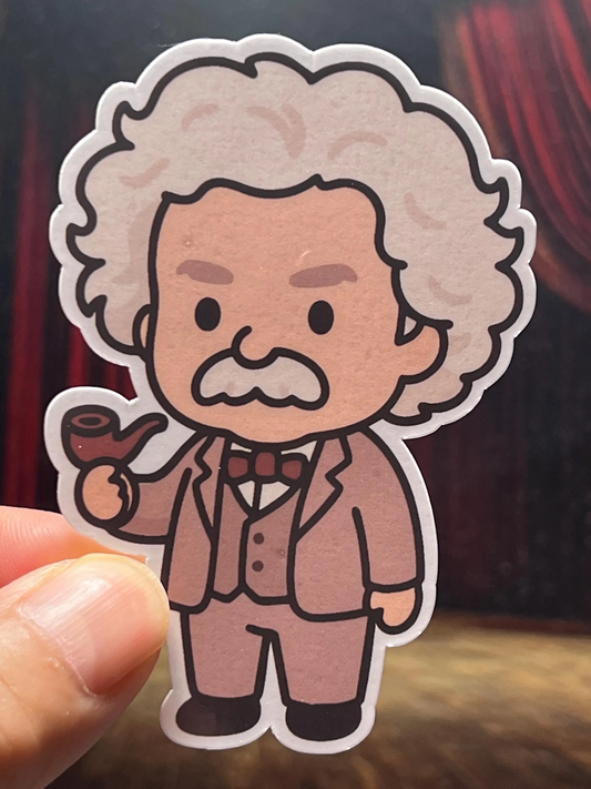 Cartoon sticker of Mark Twain with white hair and a pipe held by a hand.