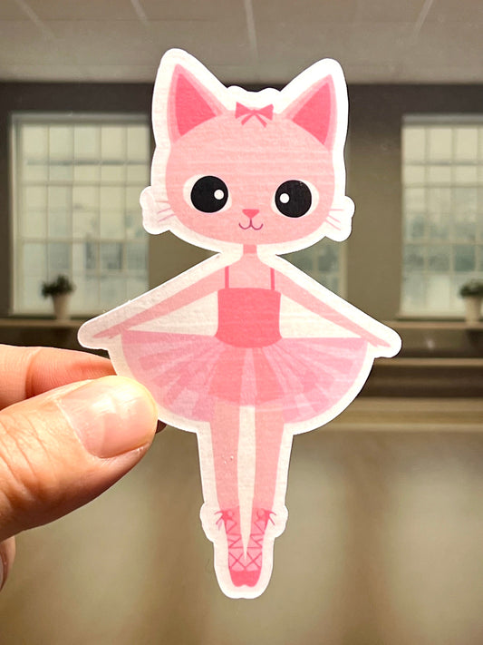 A sticker of a cute pink ballet dancer kitty wearing a pink ballet outfit