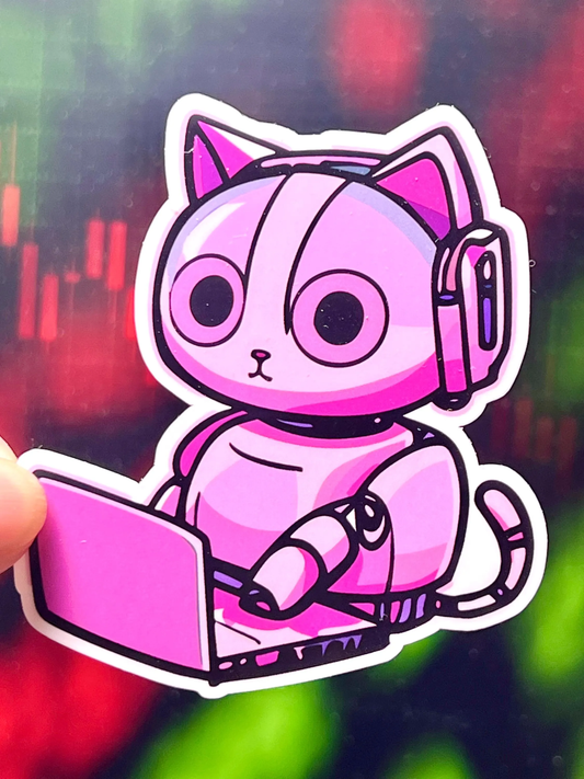 Sticker of a pink robot cat with using a laptop