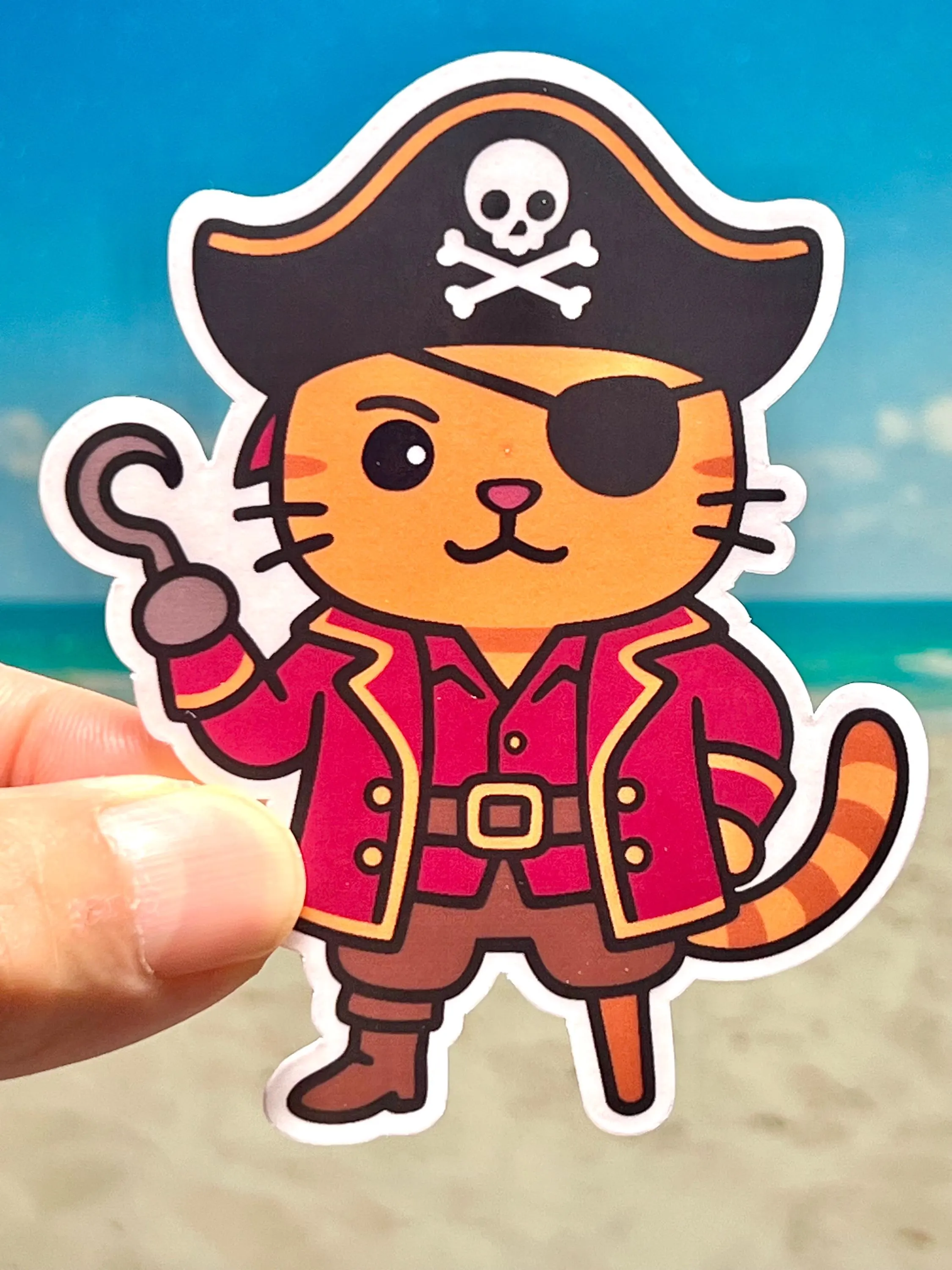 Pirate cat sticker with hook hand and peg leg