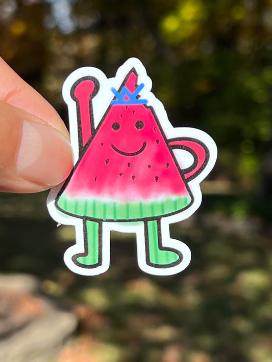 A colorful vinyl sticker of a smiling watermelon character with a crown on its head