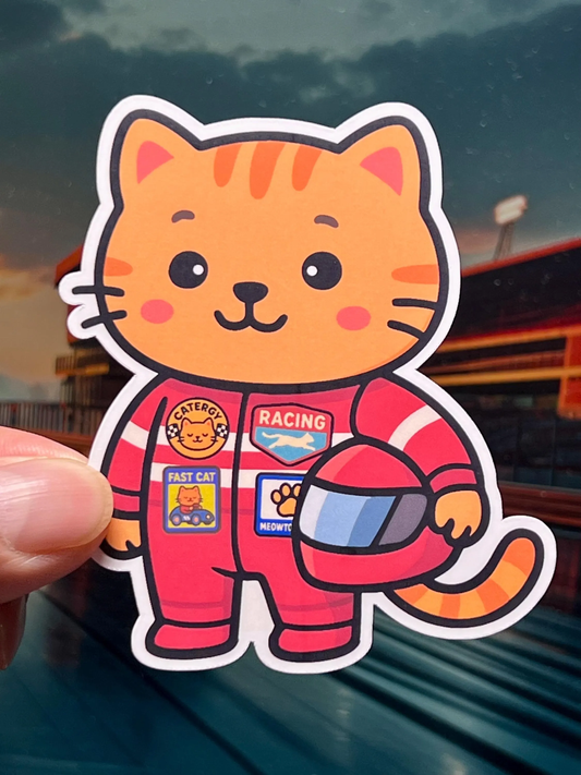Sticker of a  cat in a racing suit sticker with a helmet.