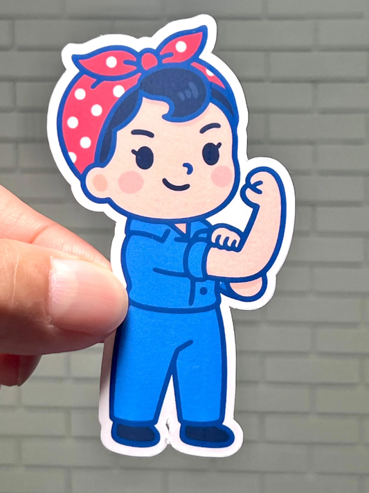 Cartoon character of Rosie the Riveter with a red polka dot headband and blue overalls flexing a muscle