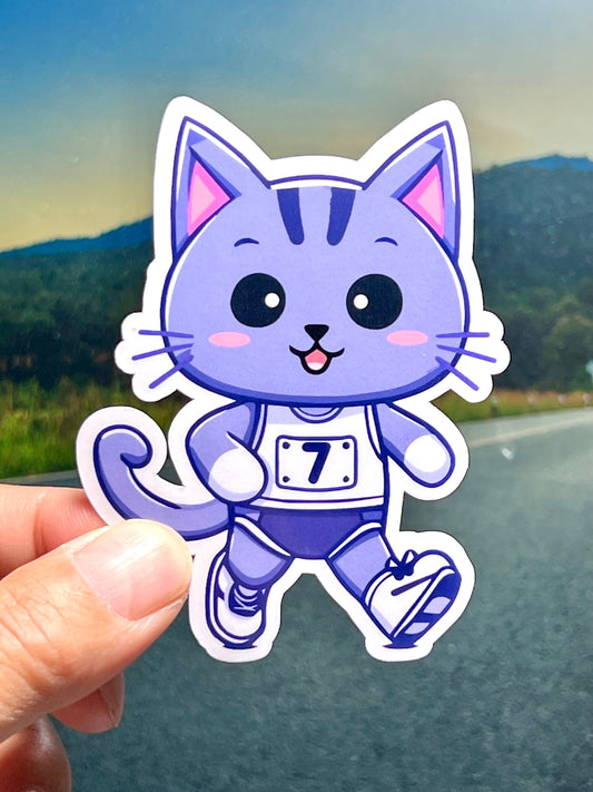 Sticker of a a cat that is a distance runner. Wearing tank top, shorts, and running shoes with a number bib.