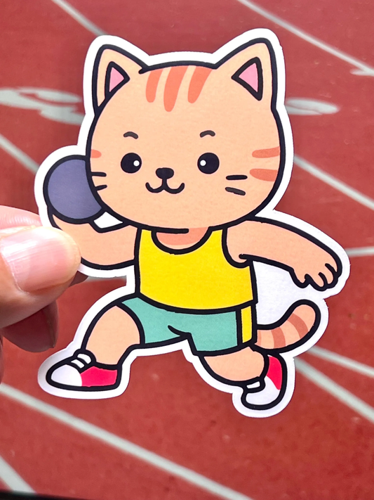 Sticker of a cat throwing a shot put.