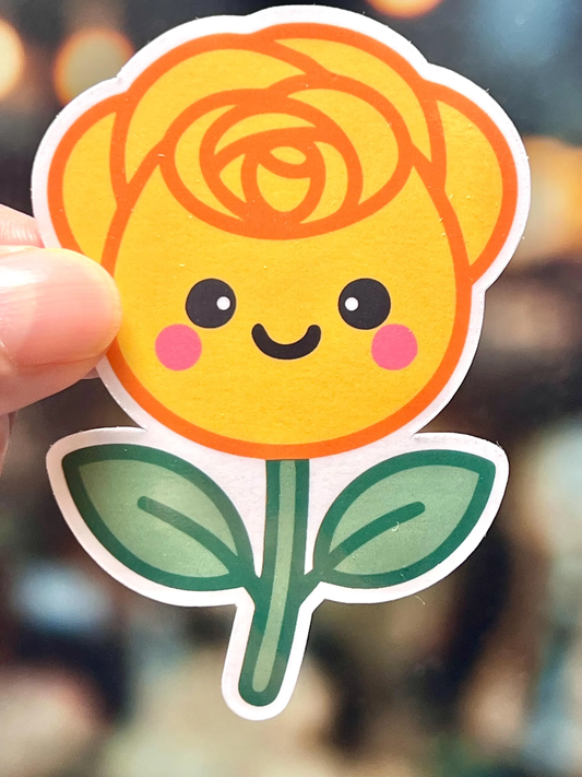 Sticker of yellow rose sticker with a happy face, kawaii design