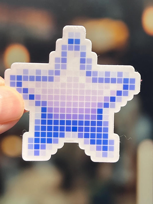 Square-shaped vinyl sticker with a pixel art design featuring a star