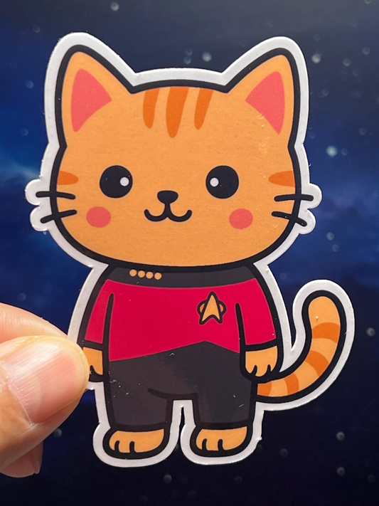 Cartoon cat in a Star Trek the next generation red uniform