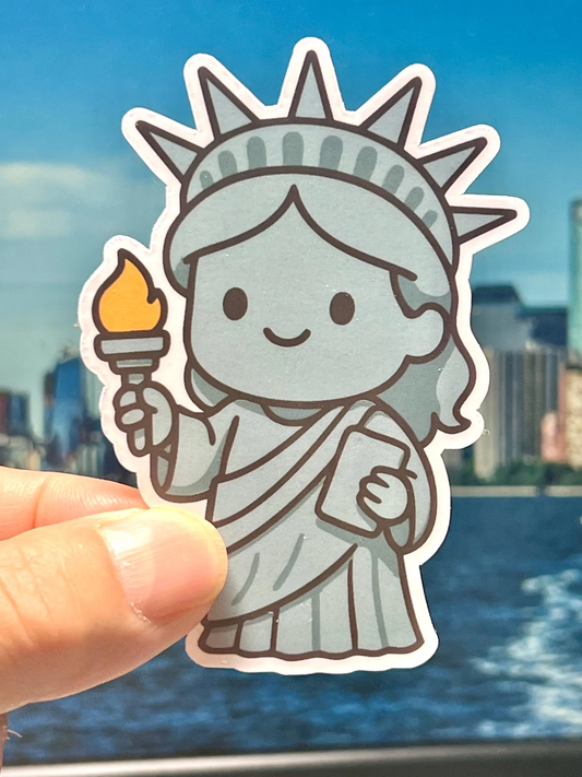 Cartoon sticker of the Statue of Liberty. Kawaii Design