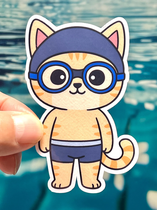 Cute boy swimmer cat with goggles and swim cap vinyl sticker