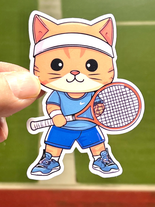 A cute sticker of a cat wearing a tennis outfit and holding a racket ready to volley the tennis all.