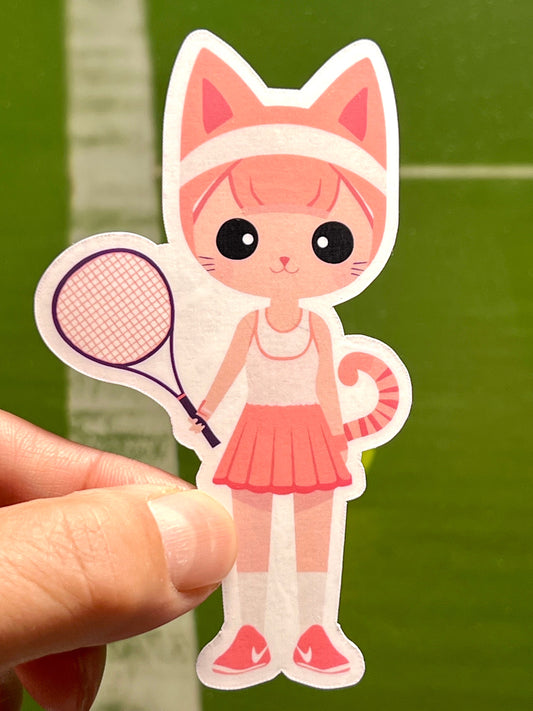 A vinyl sticker of a cartoon-style female cat wearing a tennis outfit and holding a tennis racket.