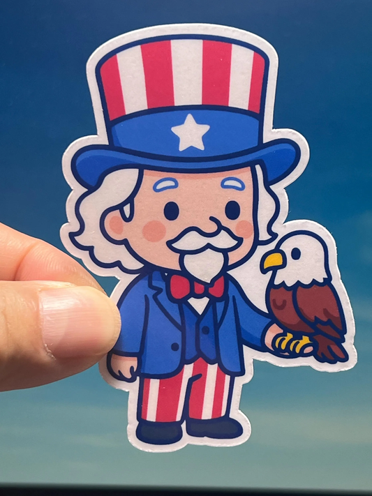 Kawaii design cartoon of Uncle Sam holding an eagle vinyl sticker