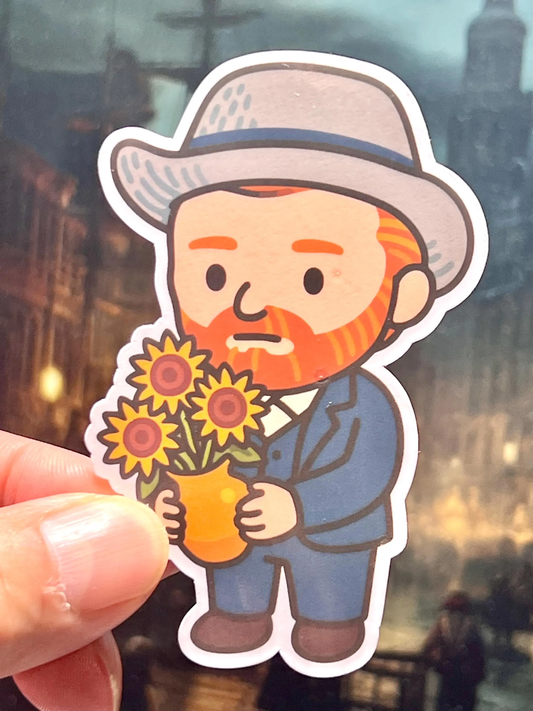 Sticker of Vincent van Gogh carrying a vase of sunflowers.