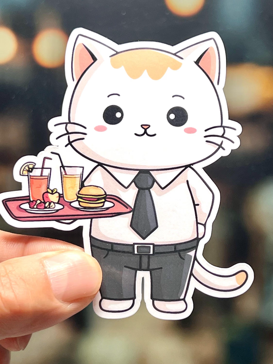 Cartoon waiter cat holding a tray with drinks and food