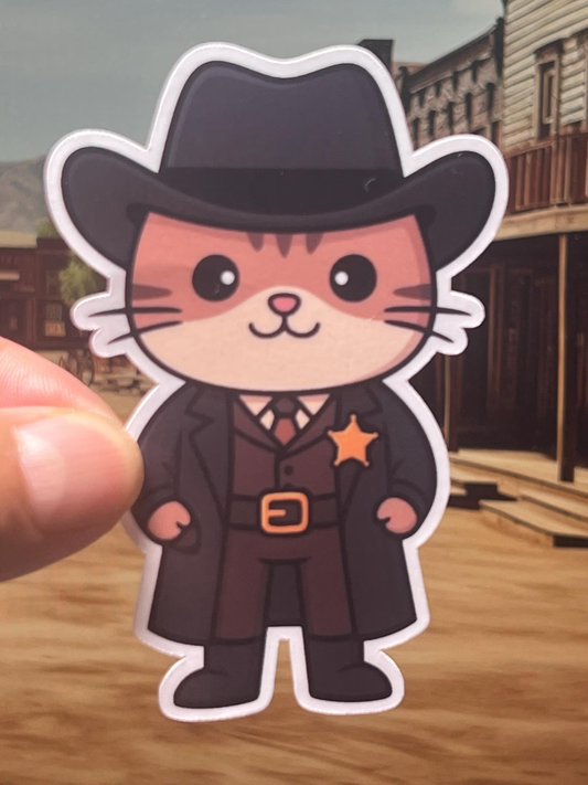 Cartoon cat in a wild west sheriff outfit with a hat, holding a star