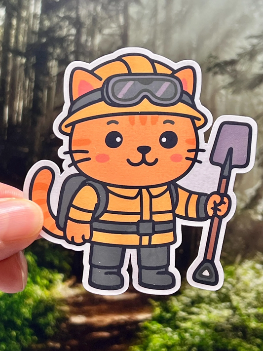 Sticker of woodland firefighter cat in a firefighting gear holding a shovel
