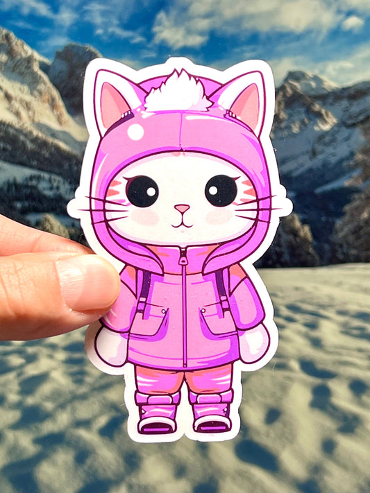 A sticker of a cute, cartoon-style cat wearing a pink winter jacket and hat