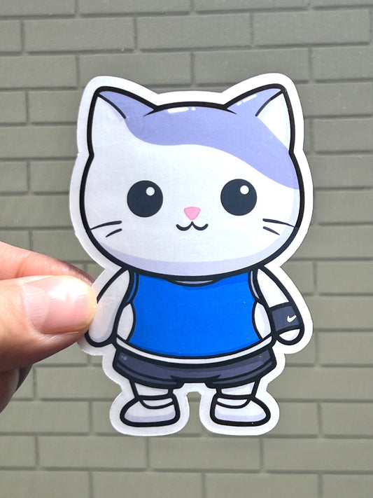 A sticker of a cute fitness cat wearing workout clothing
