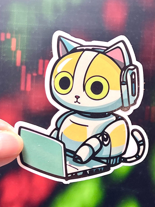 Sticker of a cartoon robot cat with a laptop computer