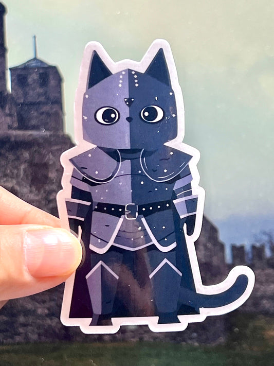 A vinyl sticker depicting a black cat in a medieval armor design