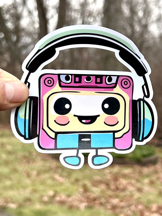 Retro Cassette Tape Sticker | Cute Cassette Tape wearing Headphones Sticker | Music Lover Gift