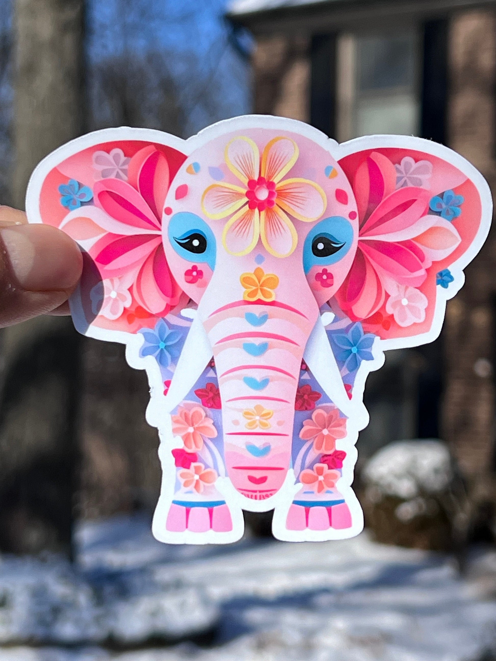 Pink Floral Elephant Vinyl Sticker