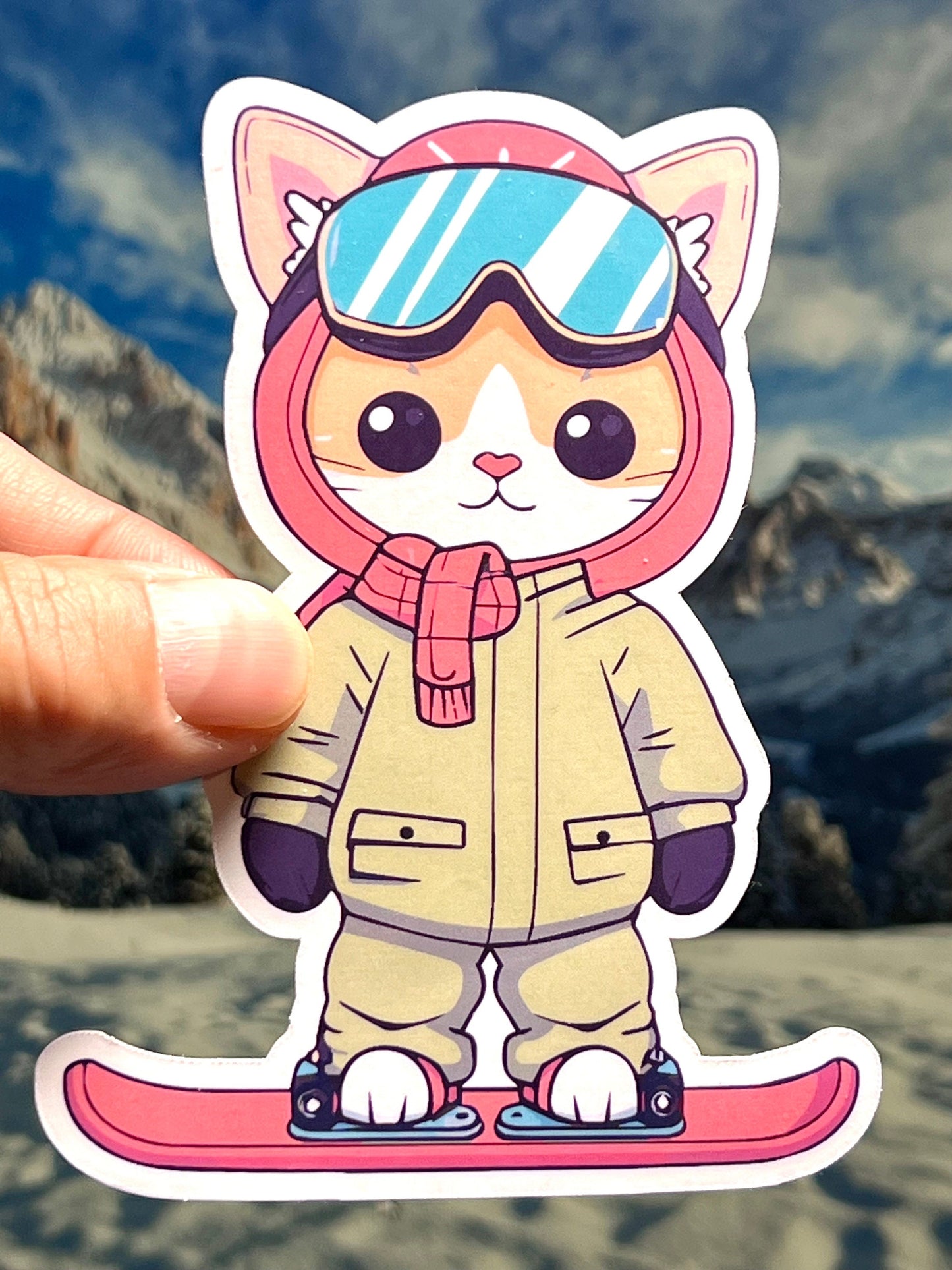 Snowboarding Cat Sticker | Snow Shredding Kitty | Kawaii Kitty | Waterproof Laminated Vinyl Sticker | Snowboard Sticker | Winter Cat