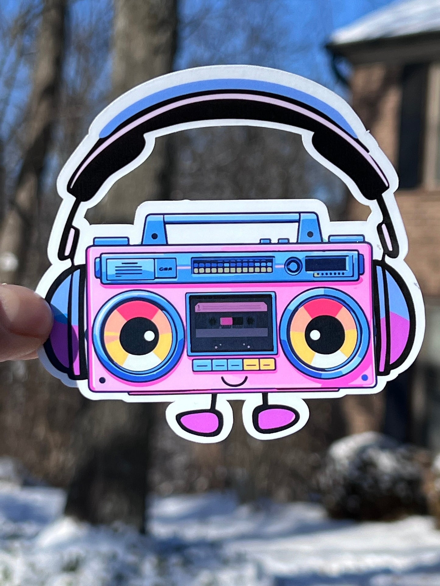 Retro Boombox Sticker | Cute Boom Box wearing Headphones Sticker | 80's Tech | Music Lover Gift | Tape Player