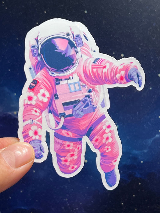 Astronaut Sticker Pink Floral | Astronaut Floating in Space Sticker