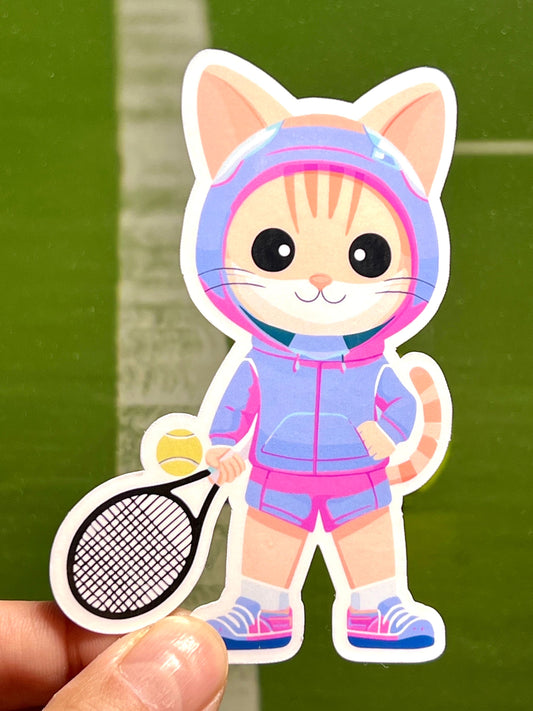 Tennis Girl Cat In Hoodie Sticker | Stylish Tennis Playing Female Cat | Women's Tennis | Girls Tennis