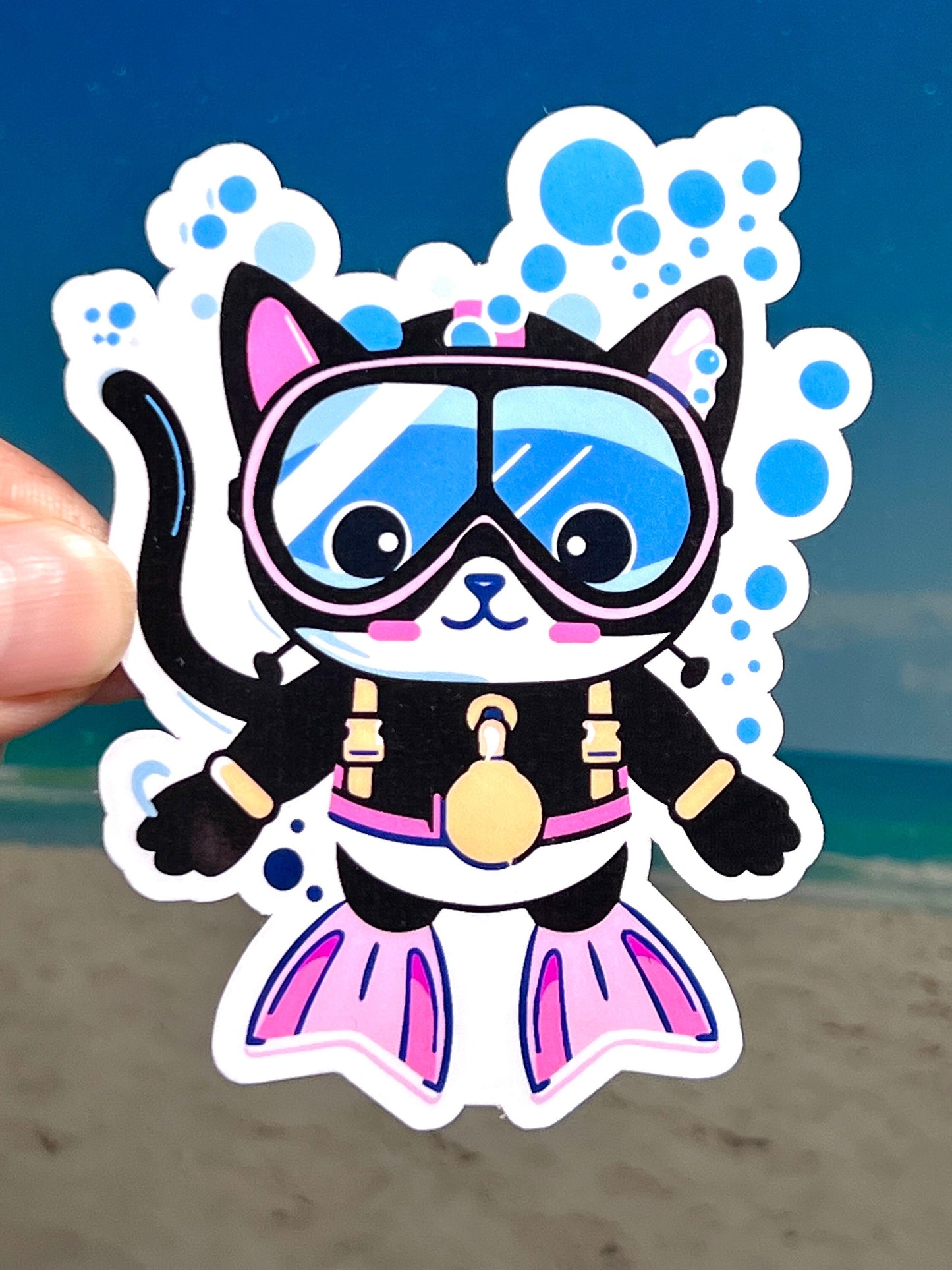 Underwater Cat Sticker | Scuba/Snorkel Cat Sticker | Diver Kitty | Ocean Swimming Cat | Summer Time