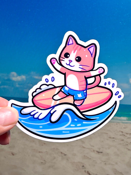 Surfer Cat Sticker | Surfboarding Kitty Sticker | Summer Beach Fun | Vacation Sticker | Ocean and Sea