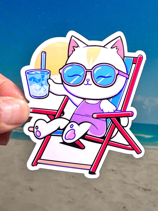 Beach Kitty Sticker | Cool Kitty Reclining at the Beach Sticker | Vacation Sticker