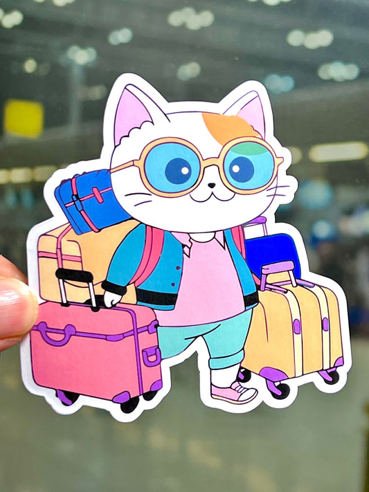 Travel Cat Sticker | Vacation Kitty Carrying Luggage | Vacation Sticker | World Traveler- Travel Life