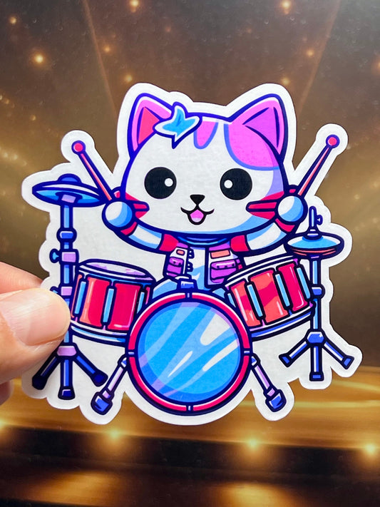 Drummer Cat  Sticker | Rock Drummer Kitty Vinyl Sticker