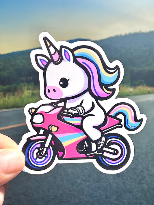 Unicorn Riding Sport Bike Sticker | Colorful Unicorn Sport Motorcycle | Unicorn Lover Gift