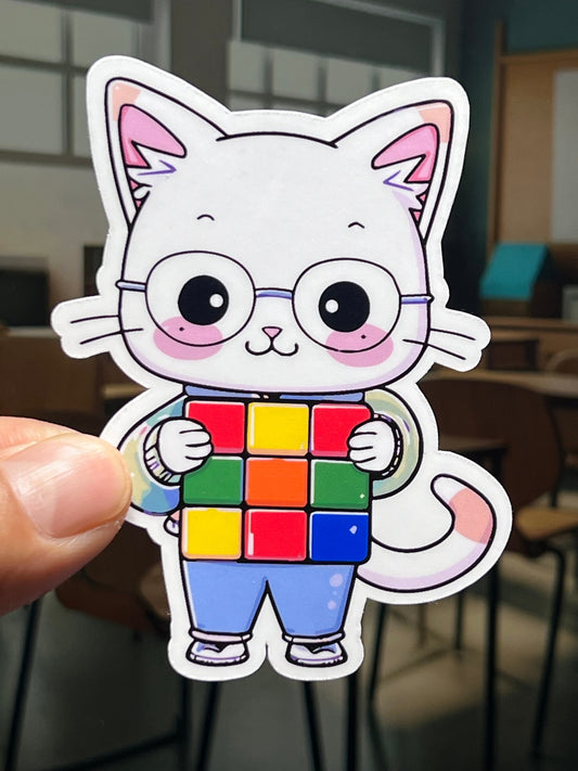 Puzzle Cube Cat Sticker | Speed Cube Kitty Vinyl Sticker | Kawaii Cubing Kitty