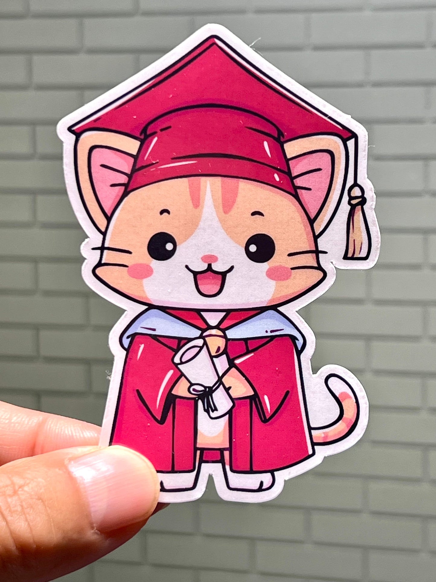 Graduation Kitty Sticker Red | Cat Wearing Cap and Gown Vinyl Sticker