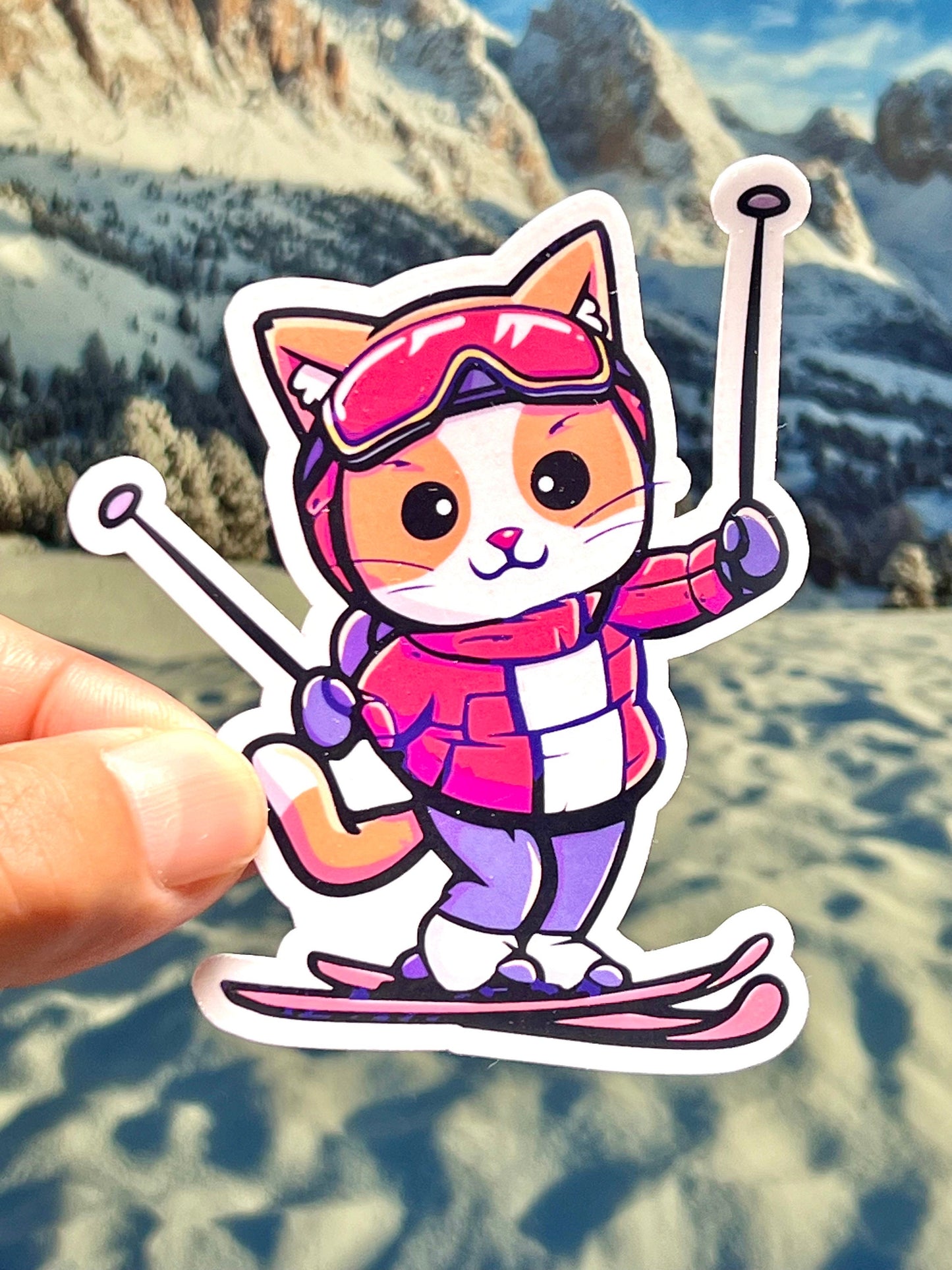 Skiing Cat | Winter Ski Kitty Sticker | Ski Competition Cat | Recreational Skier