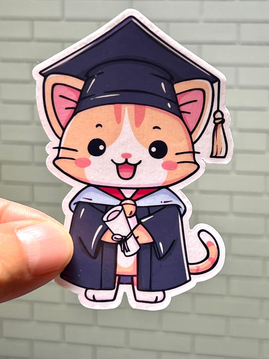 Graduation Kitty Sticker Black | Cat Wearing Cap and Gown Vinyl Sticker