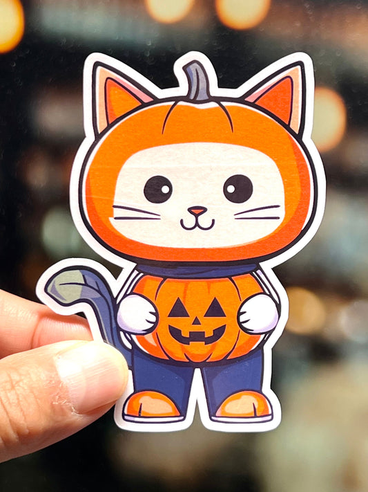 Pumpkin Cat Sticker | Halloween Sticker- Cat Wearing Jack-o-lantern Costume | Waterproof Laminated Water Bottle Sticker | Halloween Spirit