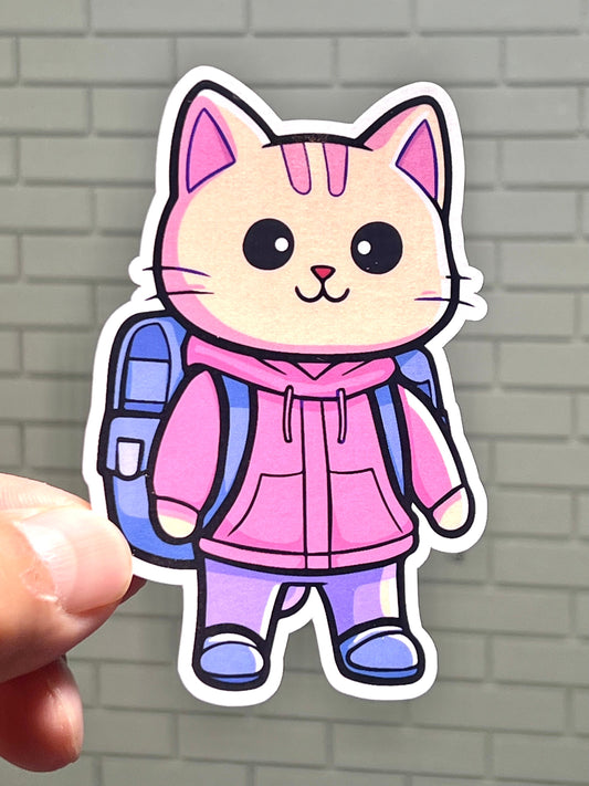 Back to School Kitty Sticker Pink | School Cat Wearing Back Pack