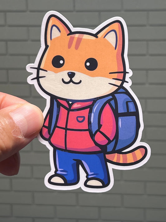 Back to School Kitty Sticker Red | School Cat Wearing Back Pack