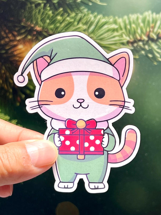 Elf Cat Green Sticker | Christmas Sticker- Cat Dressed Like Elf Vinyl Sticker