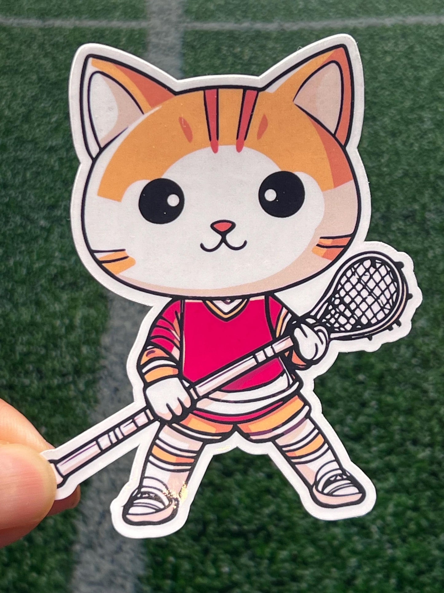 Lacrosse Cat Red Sticker | Cute Cat Playing Lacrosse